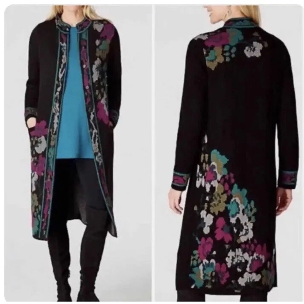 7896.Floral Long Black Cardigan TRAILING FLOWERS JACAQUARD SWEATER COAT TOPPER